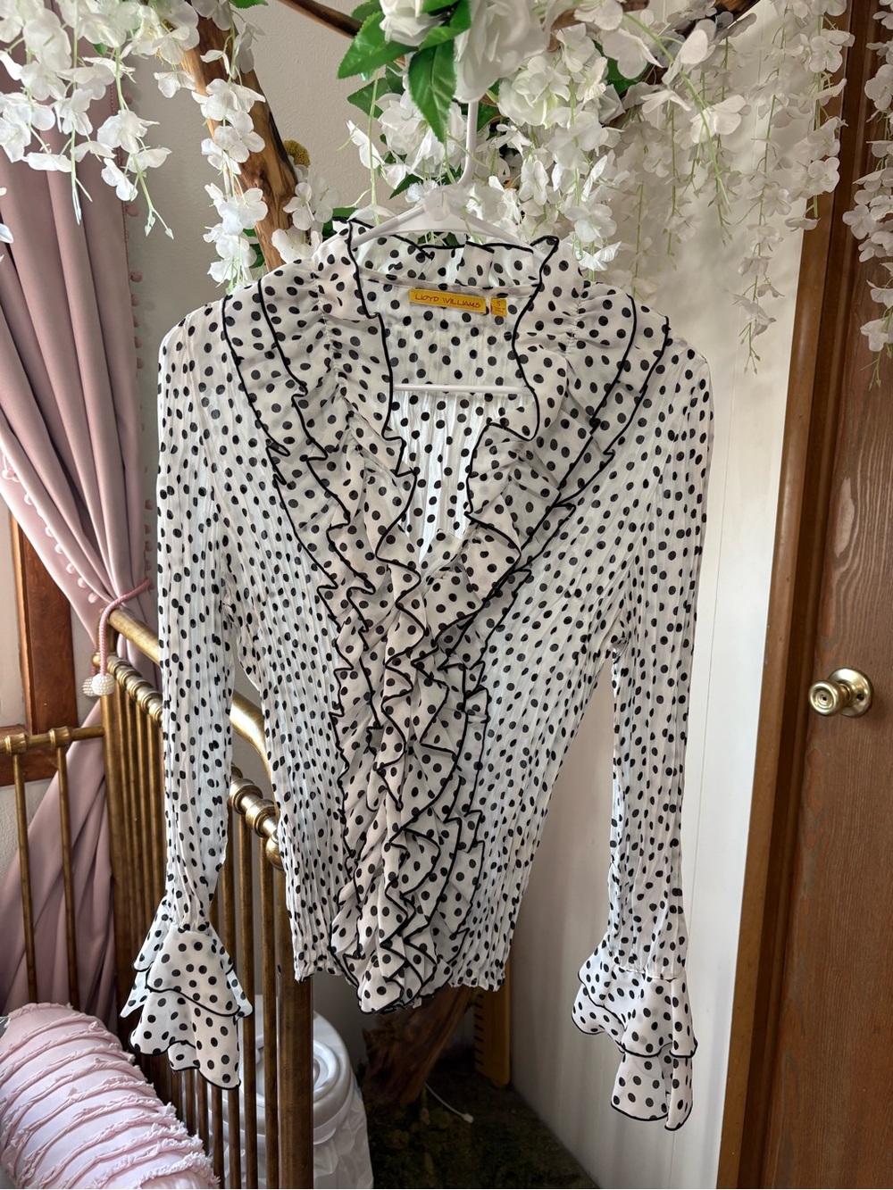 Vintage Polka Dot Ruffle Blouse - White and Black